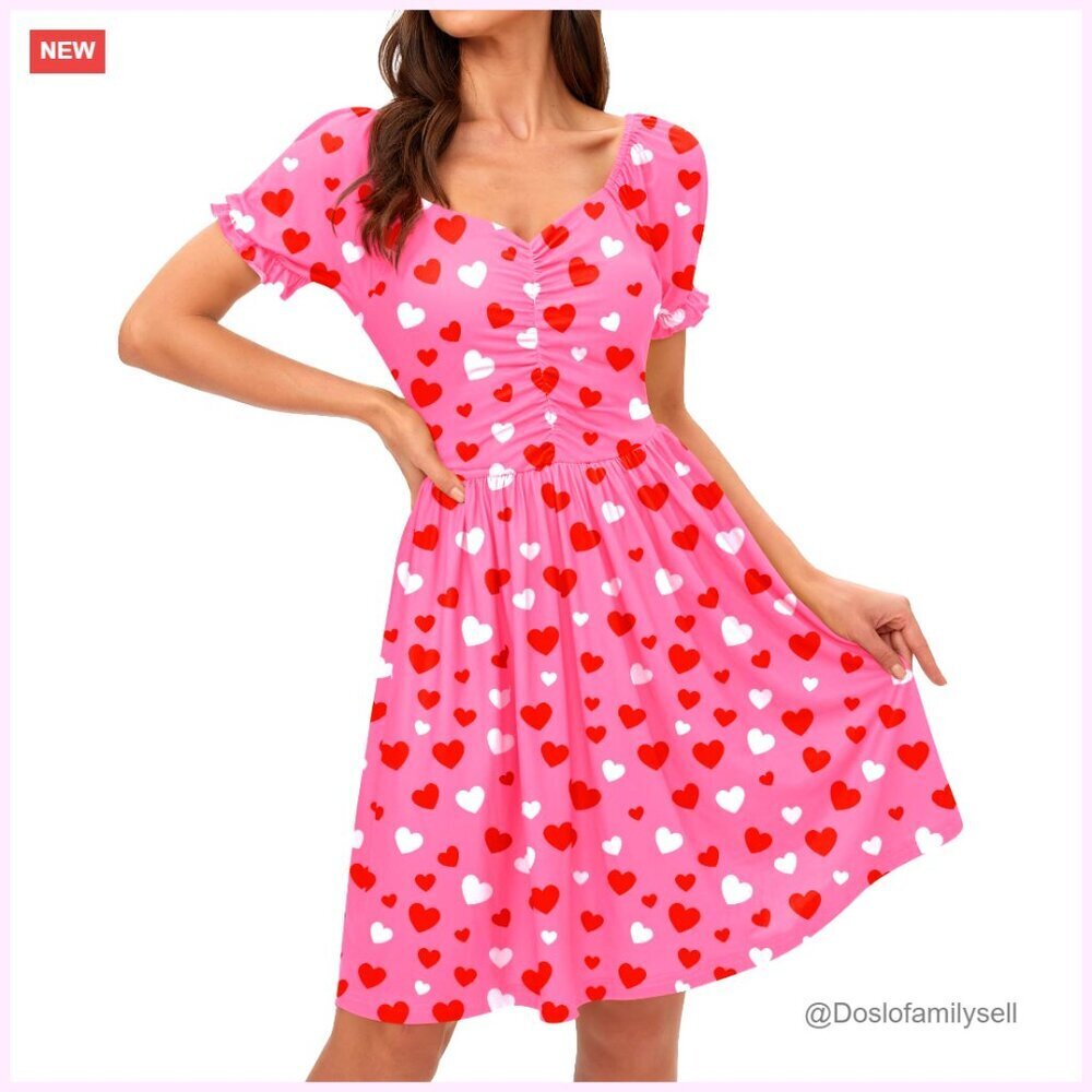 Ruched Puff Sleeve Sweetheart Swing Dress Retro Heart Print Vintage Chic